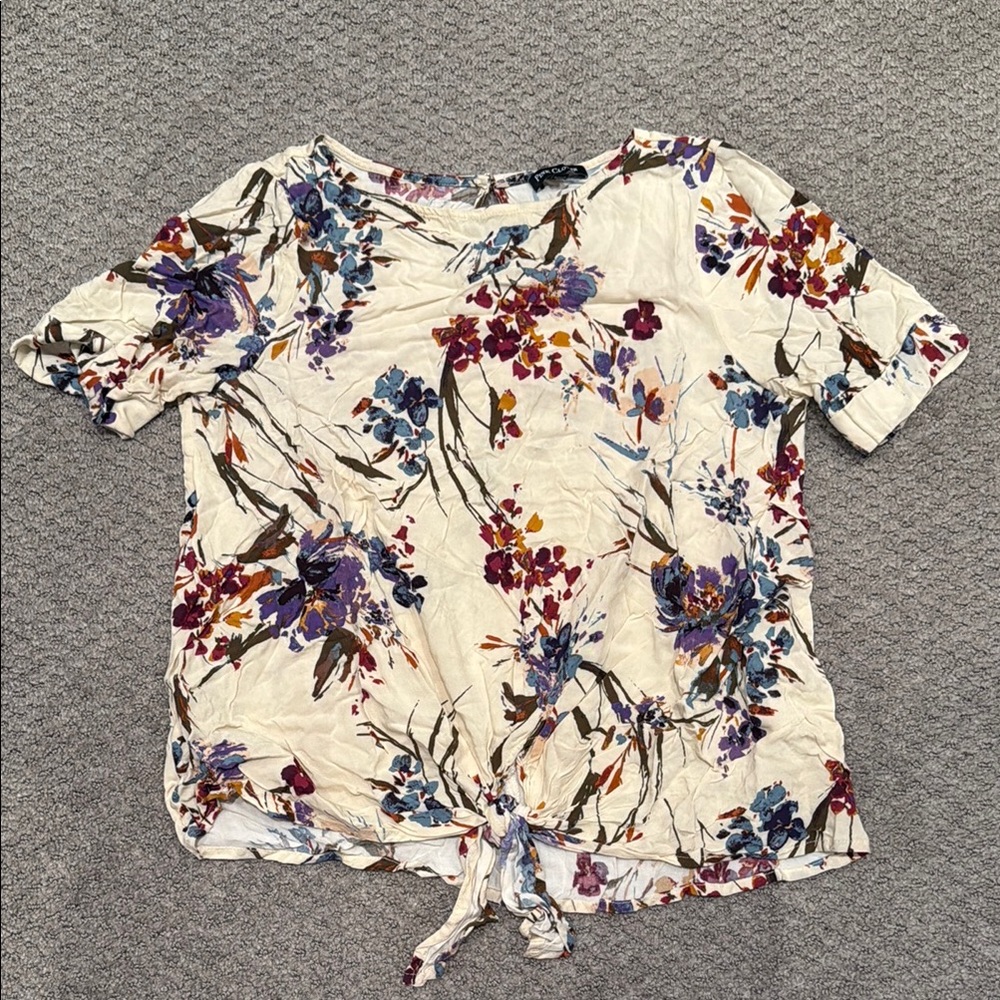 Pink Clover - Cream and Floral Ruched Tie Front Blouse